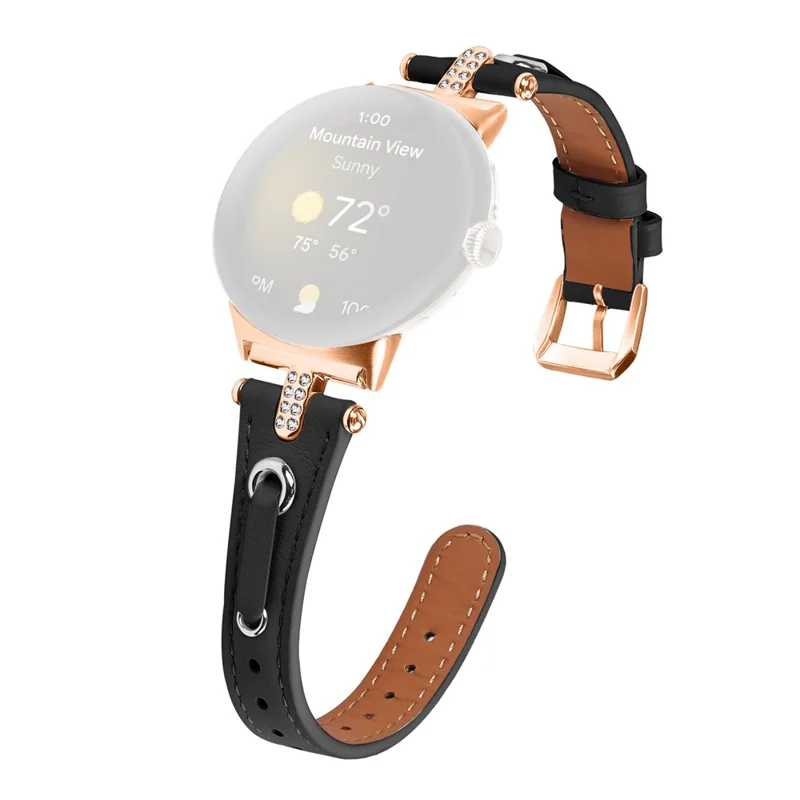 For Google Pixel Watch 4 41mm / Watch 3 41mm / Watch 2 / Watch Genuine Cow Leather Watch Strap Rhinestone Decor Rose Gold Buckle Watch Band - Black