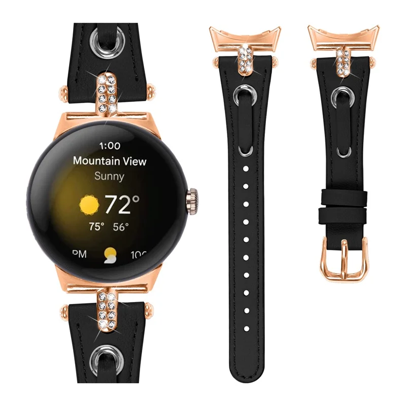 For Google Pixel Watch 4 41mm / Watch 3 41mm / Watch 2 / Watch Genuine Cow Leather Watch Strap Rhinestone Decor Rose Gold Buckle Watch Band - Black