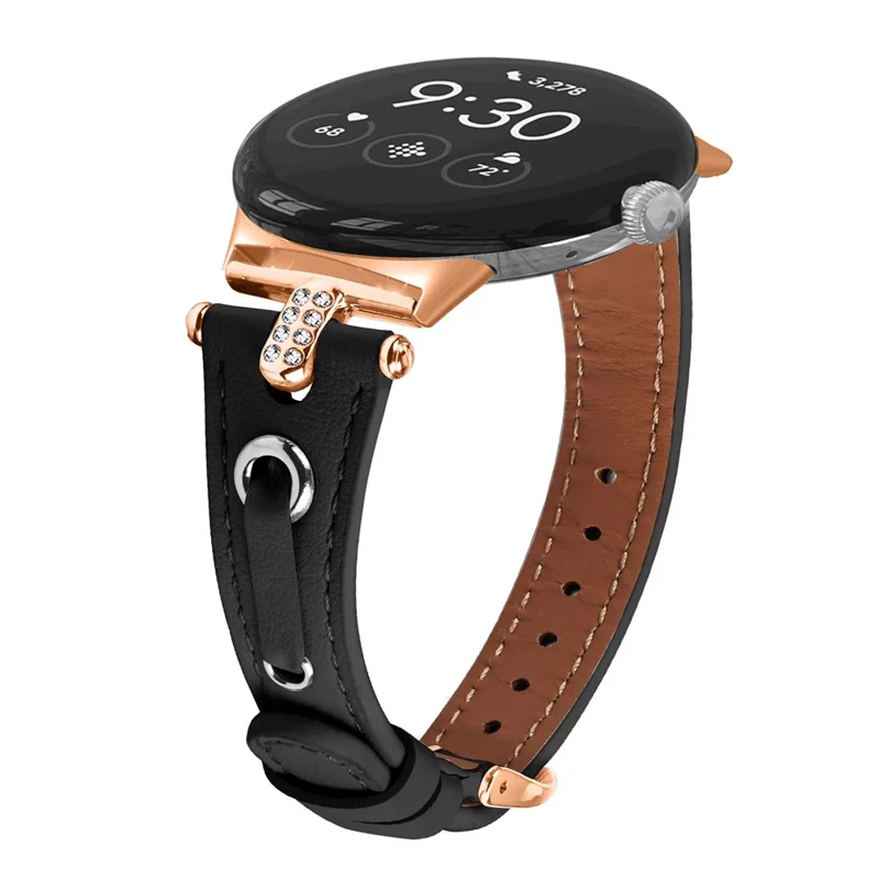 For Google Pixel Watch 4 41mm / Watch 3 41mm / Watch 2 / Watch Genuine Cow Leather Watch Strap Rhinestone Decor Rose Gold Buckle Watch Band - Black
