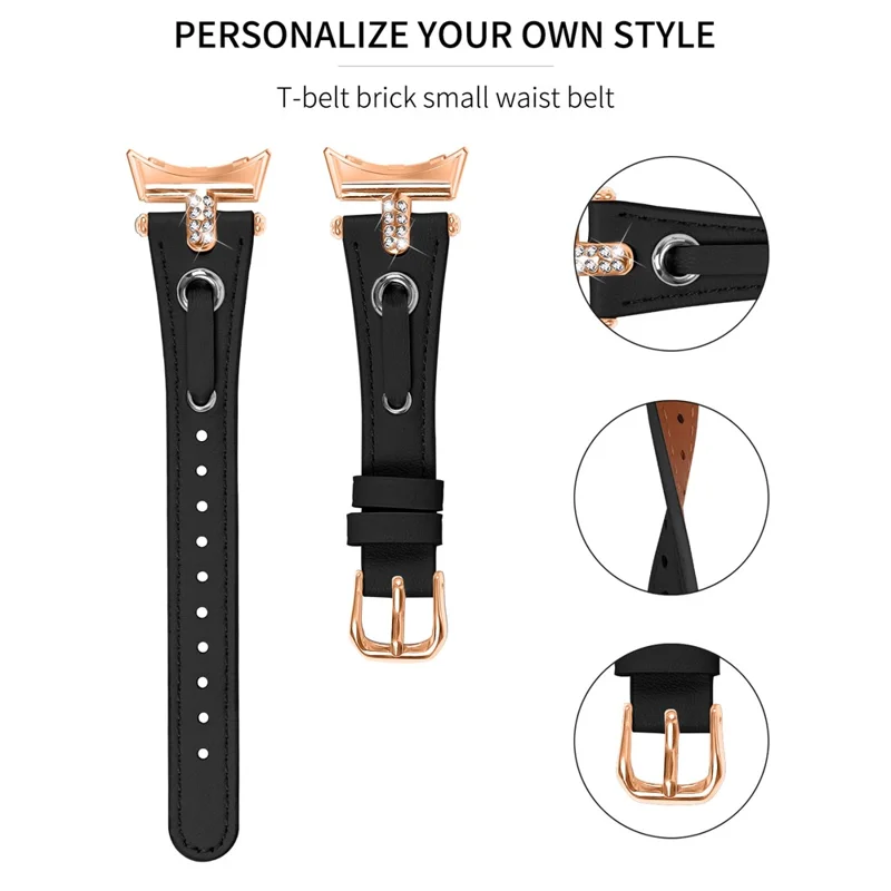 For Google Pixel Watch 4 41mm / Watch 3 41mm / Watch 2 / Watch Genuine Cow Leather Watch Strap Rhinestone Decor Rose Gold Buckle Watch Band - Black