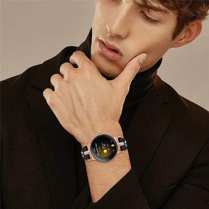For Google Pixel Watch 4 41mm / Watch 3 41mm / Watch 2 / Watch Genuine Cow Leather Watch Strap Rhinestone Decor Rose Gold Buckle Watch Band - Black