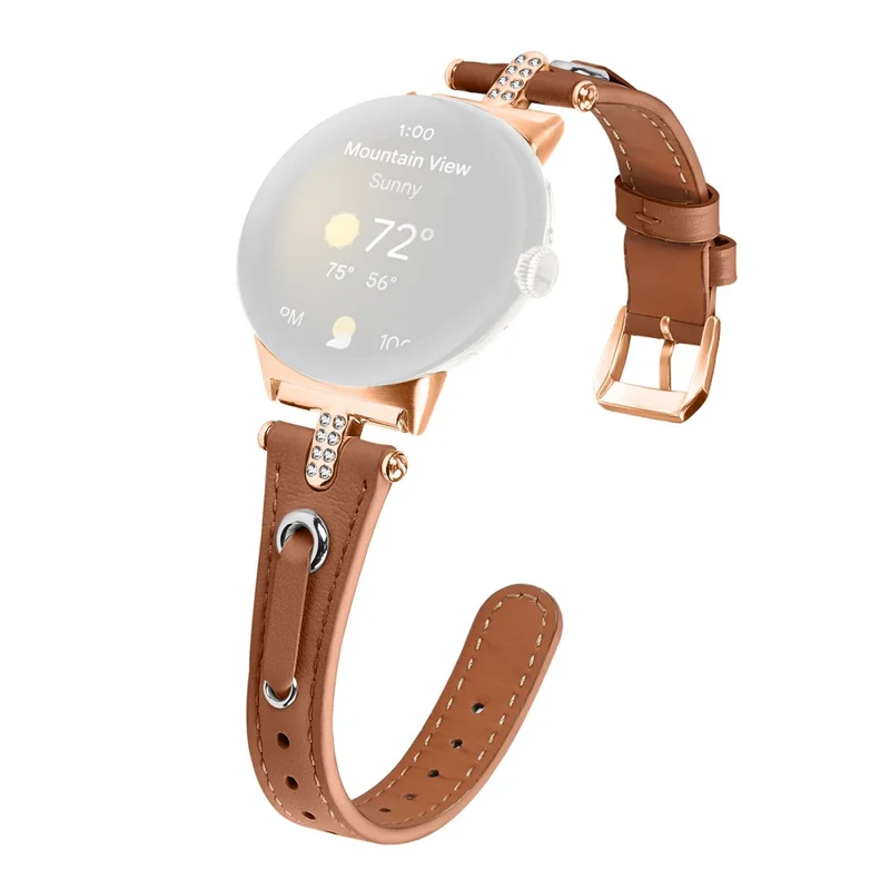 For Google Pixel Watch 4 41mm / Watch 3 41mm / Watch 2 / Watch Genuine Cow Leather Watch Strap Rhinestone Decor Rose Gold Buckle Watch Band - Brown