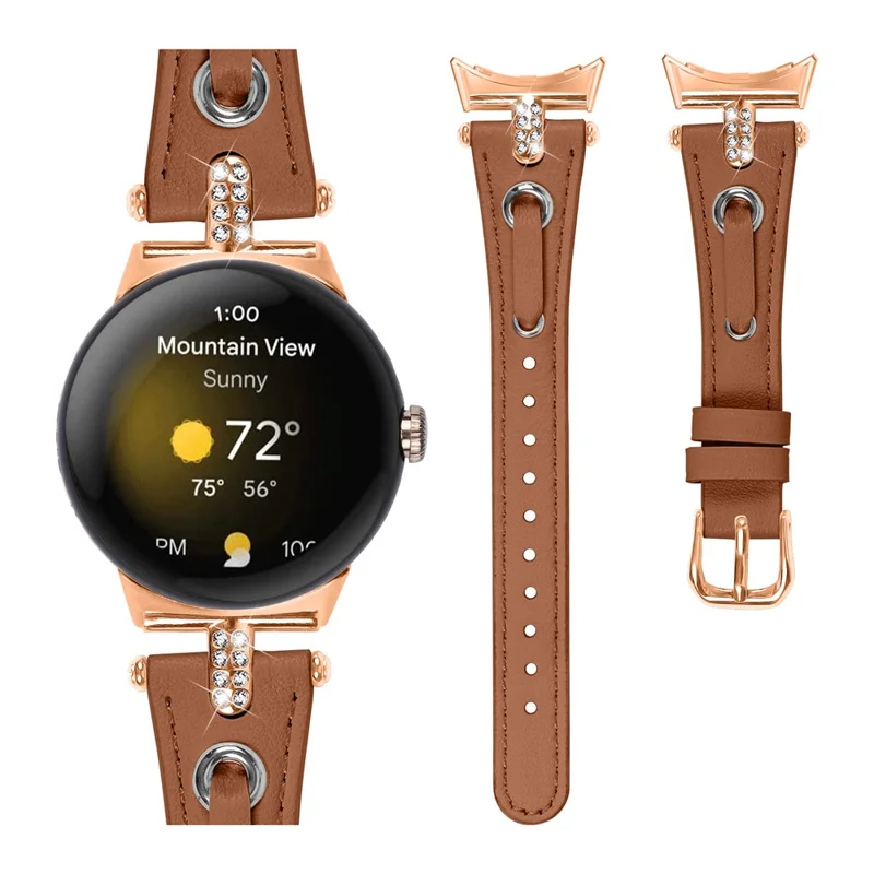 For Google Pixel Watch 4 41mm / Watch 3 41mm / Watch 2 / Watch Genuine Cow Leather Watch Strap Rhinestone Decor Rose Gold Buckle Watch Band - Brown