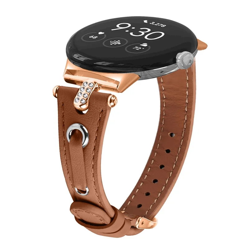 For Google Pixel Watch 4 41mm / Watch 3 41mm / Watch 2 / Watch Genuine Cow Leather Watch Strap Rhinestone Decor Rose Gold Buckle Watch Band - Brown