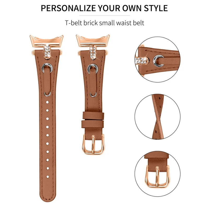 For Google Pixel Watch 4 41mm / Watch 3 41mm / Watch 2 / Watch Genuine Cow Leather Watch Strap Rhinestone Decor Rose Gold Buckle Watch Band - Brown