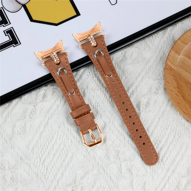 For Google Pixel Watch 4 41mm / Watch 3 41mm / Watch 2 / Watch Genuine Cow Leather Watch Strap Rhinestone Decor Rose Gold Buckle Watch Band - Brown