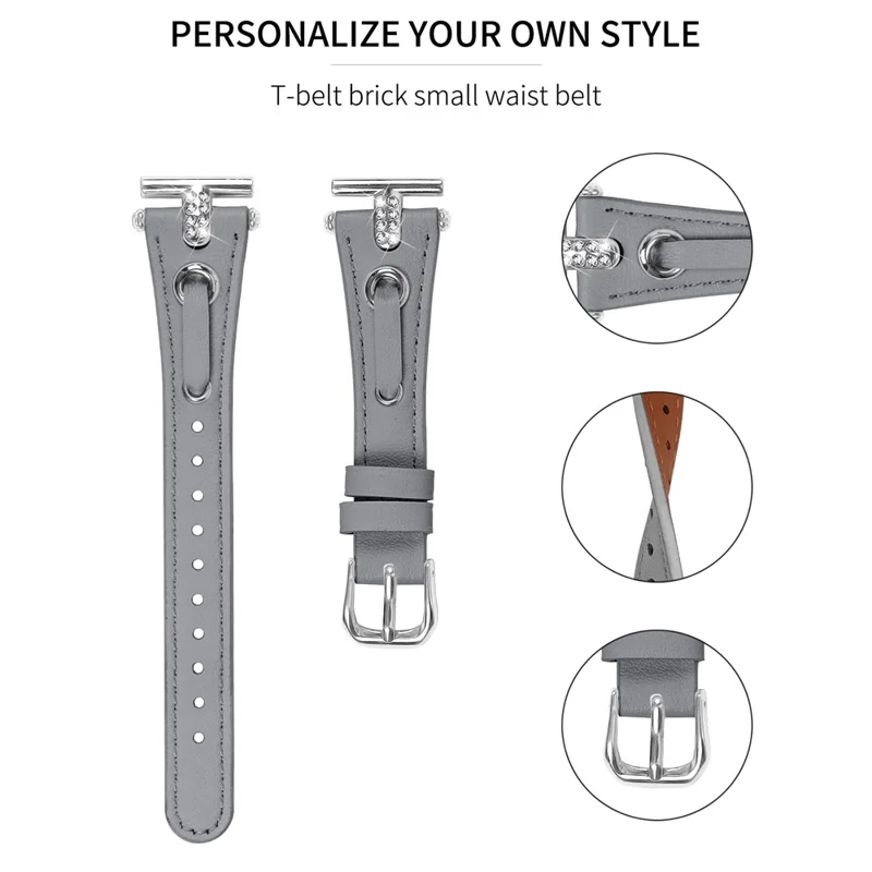 For GarminMove 3  /  Vivomove 3 Watchband Genuine Cow Leather T-belt Strap (Silver Connector) - Grey