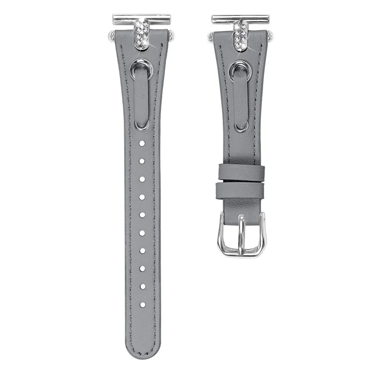 For Huami Amazfit Youth Edition 20mm Replacement Strap Genuine Cow Leather Silver Connector Watch Band - Grey