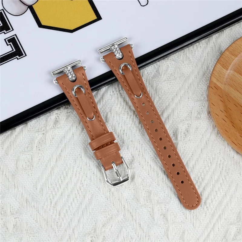 For Huami Amazfit Youth Edition 20mm Replacement Strap Genuine Cow Leather Silver Connector Watch Band - Brown