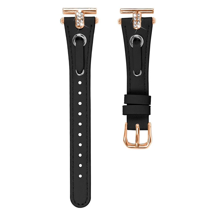 Für Huami Amazfit Youth Edition 20mm Ersatz-Armband Echtes Rindsleder Uhrenarmband mit Rosé-Gold-Schnalle - Schwarz