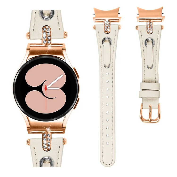 For Samsung Galaxy Watch6 40mm  /  44mm  /  6 Classic 43mm  /  47mm Watchband Genuine Cow Leather Strap (Rose Gold Connector) - Apricot