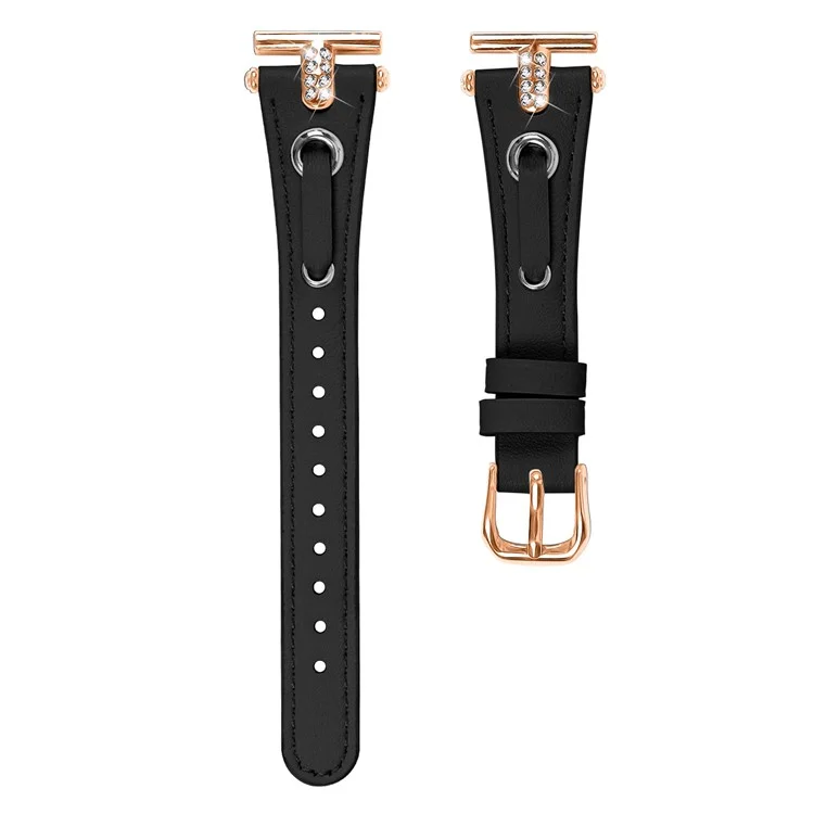 Для Garmin Forerunner 245 / 245 Music Genuine Cow Leather Watchband с декором из страз (Rose Gold Connector) - Чёрный