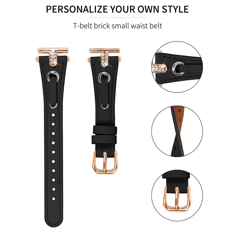 Для Garmin Forerunner 245 / 245 Music Genuine Cow Leather Watchband с декором из страз (Rose Gold Connector) - Чёрный