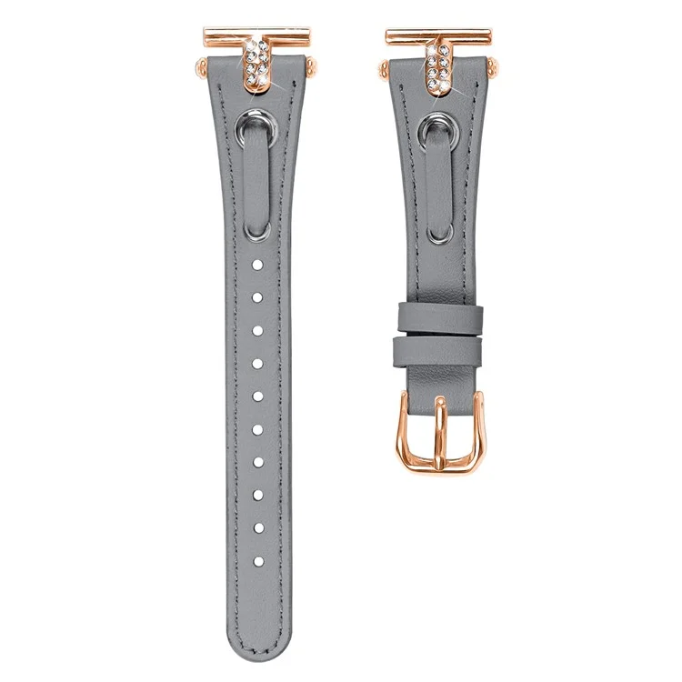Für Garmin Forerunner 245 / 245 Music Echtes Rindslederarmband mit Strass-Verzierung (Rose-Gold-Anschluss) - Grau