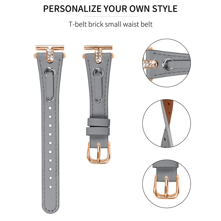 Für Garmin Forerunner 245 / 245 Music Echtes Rindslederarmband mit Strass-Verzierung (Rose-Gold-Anschluss) - Grau