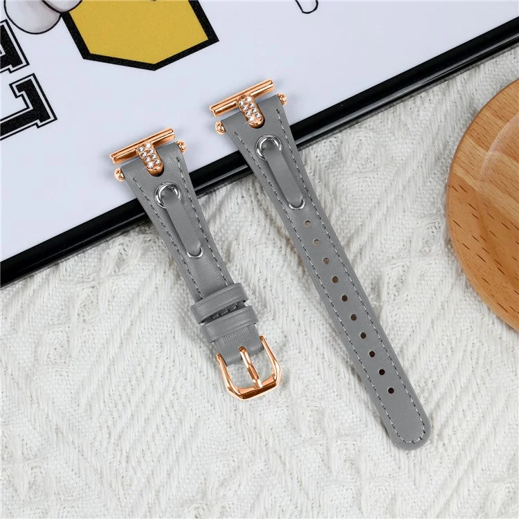 Für Garmin Forerunner 245 / 245 Music Echtes Rindslederarmband mit Strass-Verzierung (Rose-Gold-Anschluss) - Grau