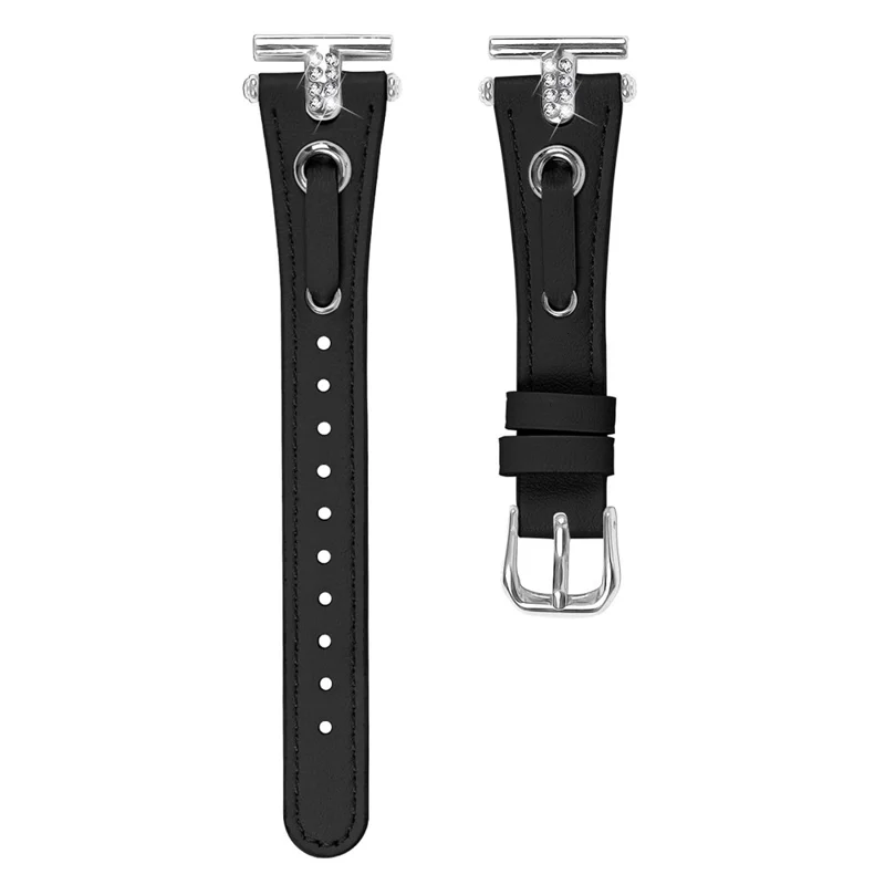 For TicWatch E  /  2  /  C2 (Black  /  Silver Dial) Watchband Genuine Cow Leather Strap with Rhinestone Decor (Silver Connector) - Black