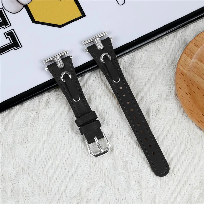 For TicWatch E  /  2  /  C2 (Black  /  Silver Dial) Watchband Genuine Cow Leather Strap with Rhinestone Decor (Silver Connector) - Black