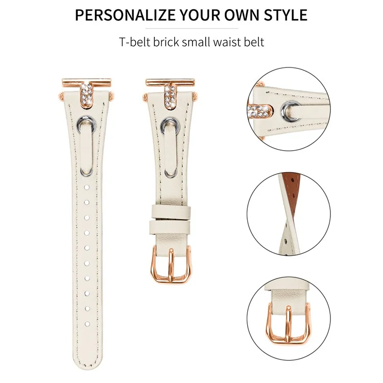 For Pebble Time Round / Pebble 2 Genuine Cow Leather Watch Band Rhinestone Decor Rose Gold Buckle Watch Strap - Apricot