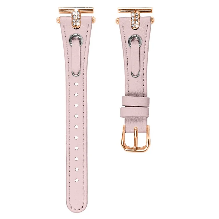 Para Garmin Vivomove / Reemplazo de la correa Vivomove HR Watch Genuine Cow Leather Rose Gold Buckle Strap with Rhinestone Decor - Pink