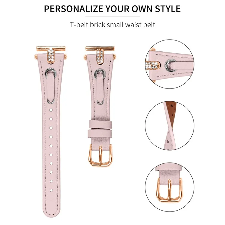 Para Garmin Vivomove / Reemplazo de la correa Vivomove HR Watch Genuine Cow Leather Rose Gold Buckle Strap with Rhinestone Decor - Pink