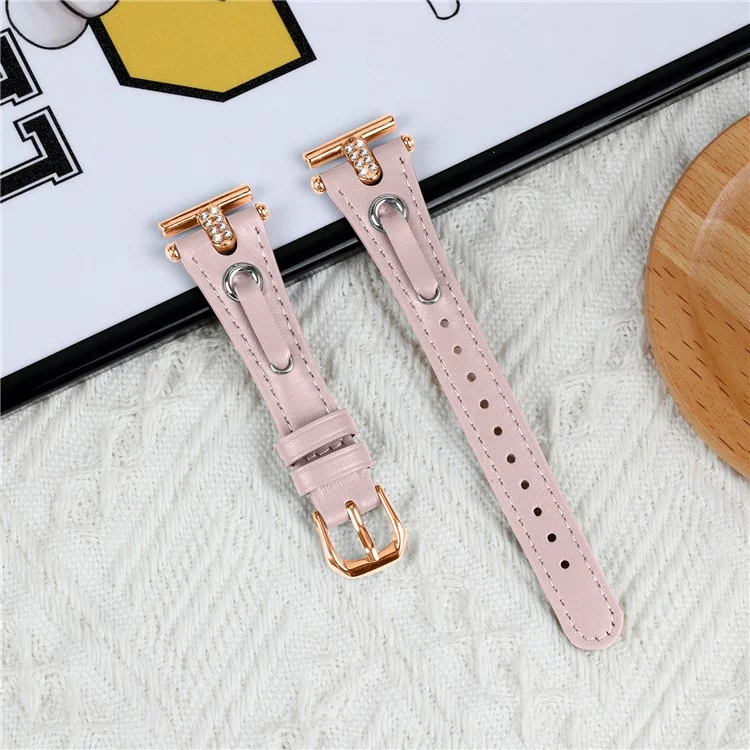Para Garmin Vivomove / Reemplazo de la correa Vivomove HR Watch Genuine Cow Leather Rose Gold Buckle Strap with Rhinestone Decor - Pink