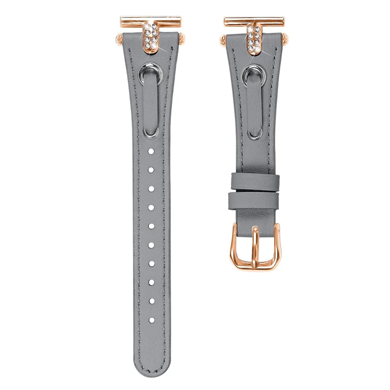 For Misfit Vapor Genuine Cow Leather Watch Band Rhinestone Decor Rose Gold Buckle Watch Strap - Grey