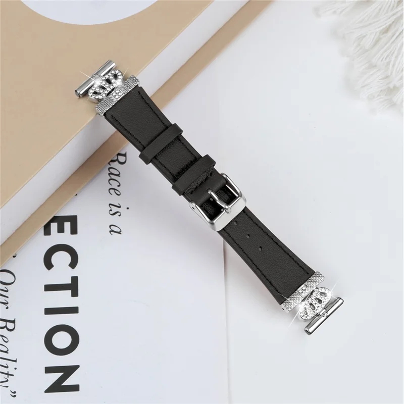 For LG Watch Sport Silver Buckle Watch Band Rhinestone Crown Design Cowhide Replace Strap - Black