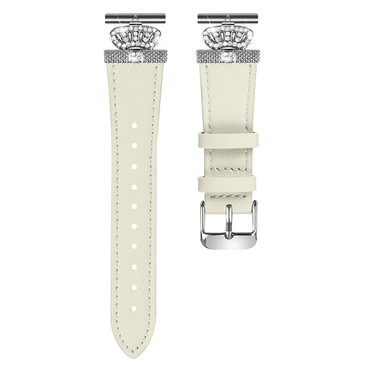 Para Garmin Vivomove HR / Vivomove Watch Band Rhinestone Crown Design Cowhide Strap, Silver Buckle - Apricot
