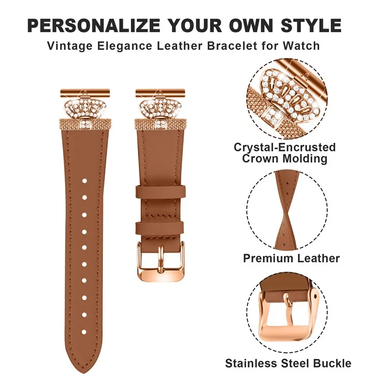 Per Garmin Vivomove HR / Vivomove Watch Band Rhinestone Decor Cowhide Strap, Fibbia Rose Gold - Marrone