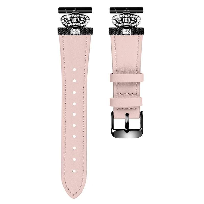 For TicWatch E  /  2  /  C2 (Black  /  Silver Dial) Watchband Genuine Cow Leather Strap, Rhinestone Crown Decor (Black Connector) - Pink