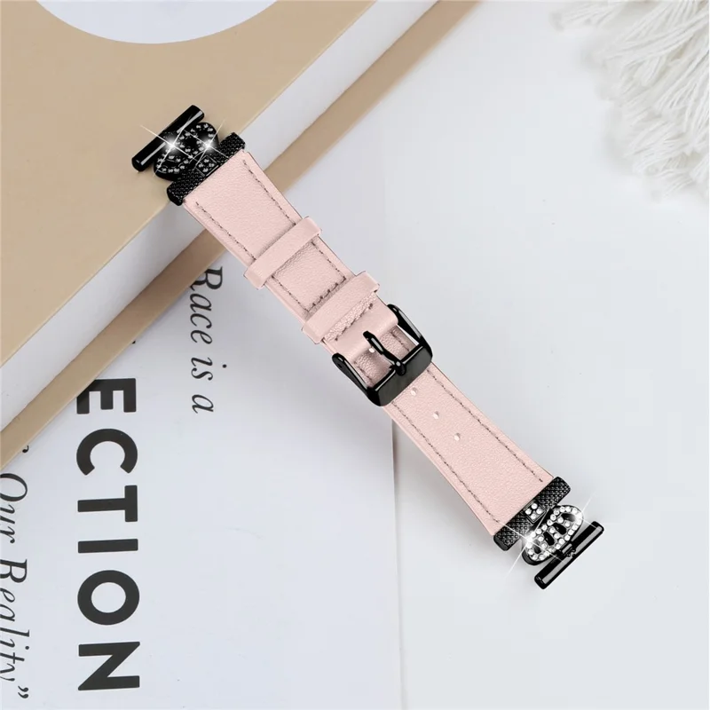 For TicWatch E  /  2  /  C2 (Black  /  Silver Dial) Watchband Genuine Cow Leather Strap, Rhinestone Crown Decor (Black Connector) - Pink
