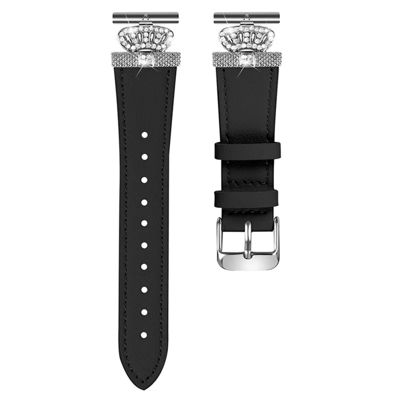 For TicWatch E  /  2  /  C2 (Black  /  Silver Dial) Watchband Genuine Cow Leather Silver Connector Strap, Rhinestone Crown Decor - Black