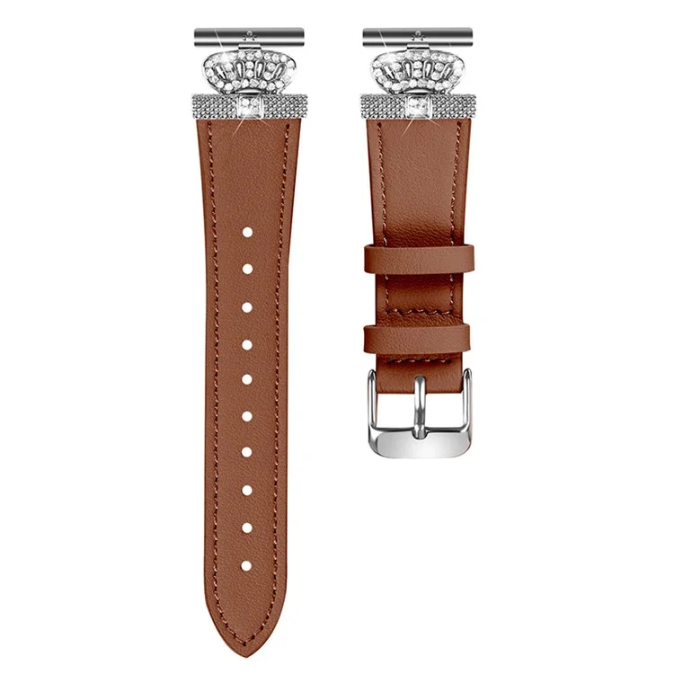 Para Misfit Vapor Cowhide Watch Band Rhinestone Crown Design Replace Strap, Silver Buckle - Brown