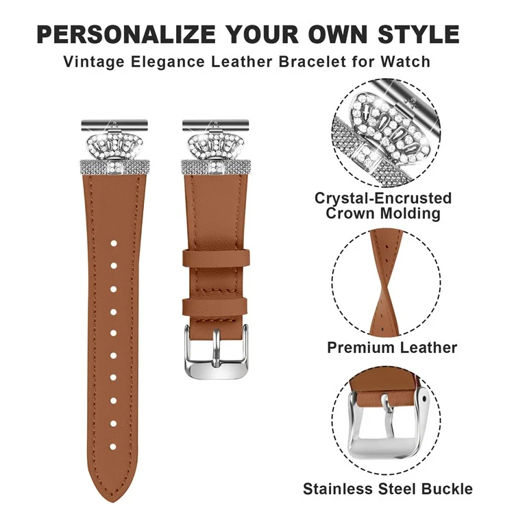 Para Misfit Vapor Cowhide Watch Band Rhinestone Crown Design Replace Strap, Silver Buckle - Brown