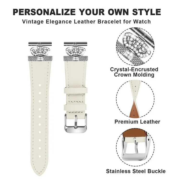 Для Pebble Time Round / Pebble 2 Silver Buckle Cowhide Strap Rhinestone Decor Wrist Band - Apricot
