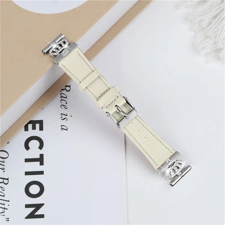 Для Pebble Time Round / Pebble 2 Silver Buckle Cowhide Strap Rhinestone Decor Wrist Band - Apricot