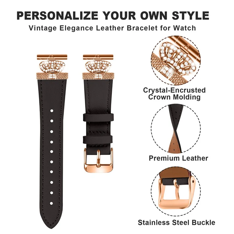 For Garmin Forerunner 245 / 245 Music Rose Gold Buckle Strap Rhinestone Crown Cowhide Band - Black