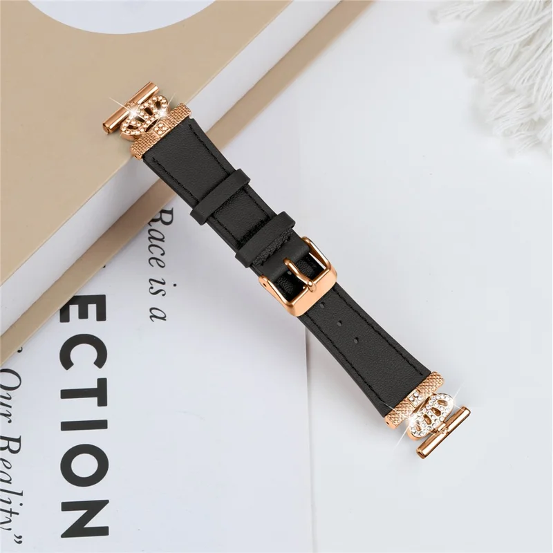 For Garmin Forerunner 245 / 245 Music Rose Gold Buckle Strap Rhinestone Crown Cowhide Band - Black