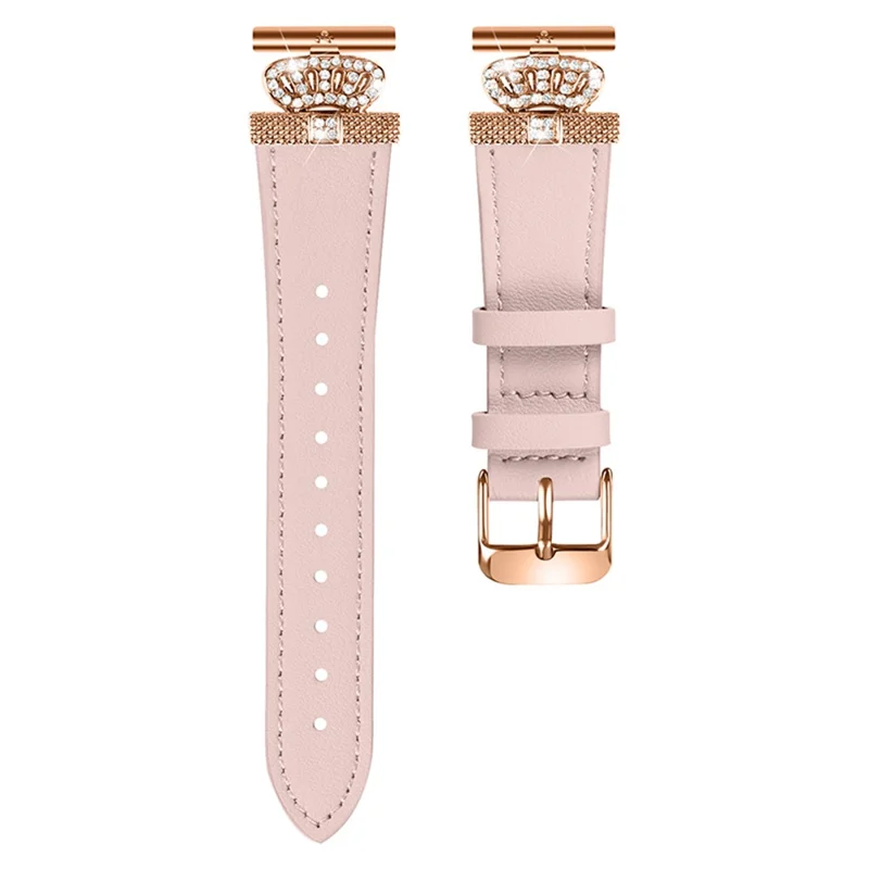 For Garmin Forerunner 245 / 245 Music Rose Gold Buckle Strap Rhinestone Crown Cowhide Band - Pink