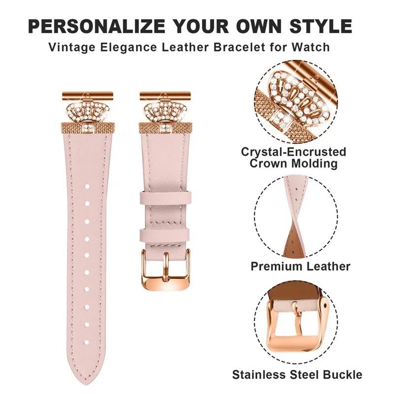 For Garmin Forerunner 245 / 245 Music Rose Gold Buckle Strap Rhinestone Crown Cowhide Band - Pink