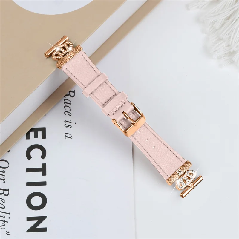 For Garmin Forerunner 245 / 245 Music Rose Gold Buckle Strap Rhinestone Crown Cowhide Band - Pink