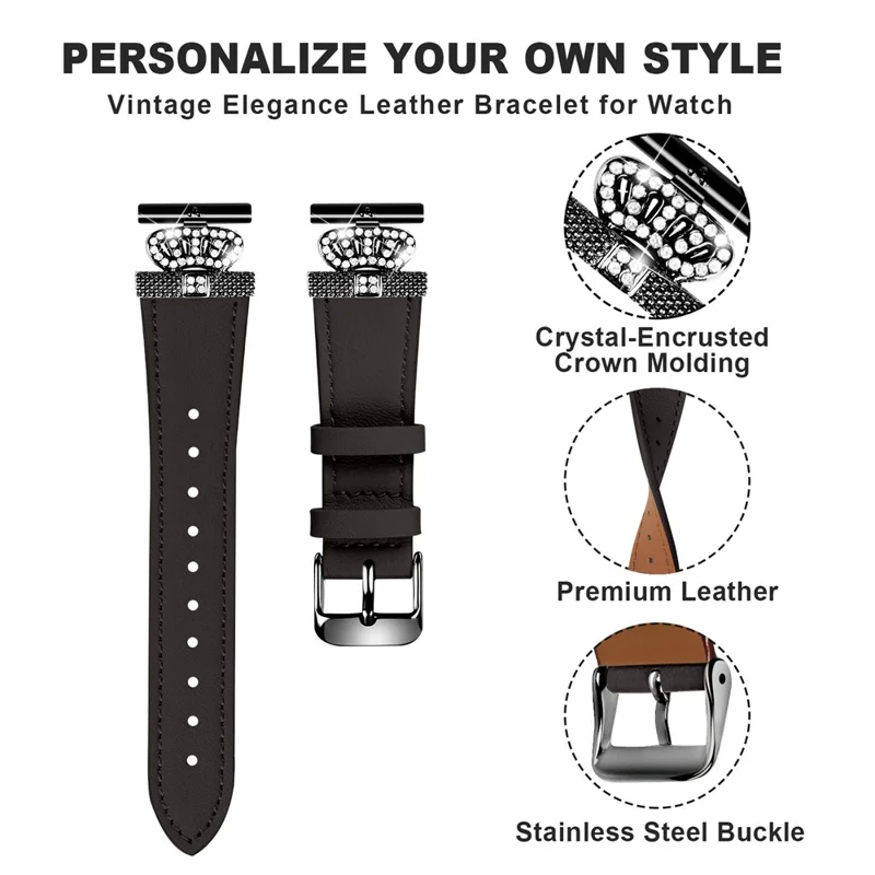 For Garmin Forerunner 245 / 245 Music Cowhide Band Crown Design Watch Strap with Black Buckle - Black