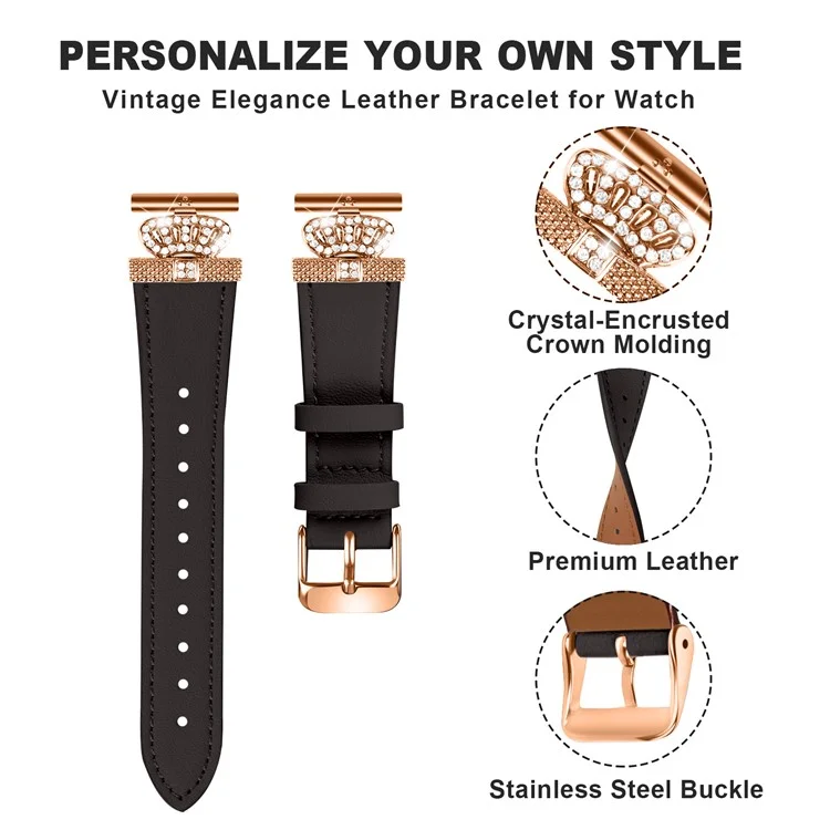 Per Samsung Galaxy Watch FE 40mm / Watch4 40mm 42mm / Watch5 40mm / 44mm / 45mm Genuine Cow Leather Watchband, Rose Gold Connector - Nero