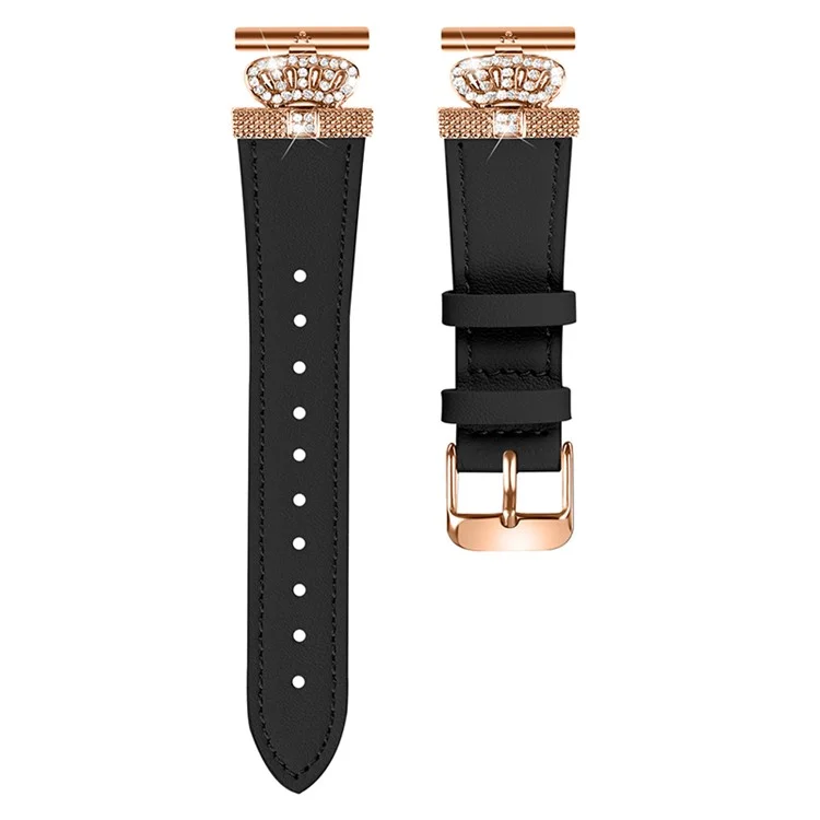 Para GarminMove 3 / Vivomove 3 Watchband Genuine Cow Leather Strap, Rose Gold Connector with Rhinestone Crown Decor - Black