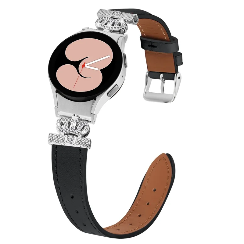 Para Samsung Galaxy Watch6 40mm / 44mm / Watch6 Classic 43mm / 47mm Watchband com Conector Prata Genuine Cow Leather Strap - Preto