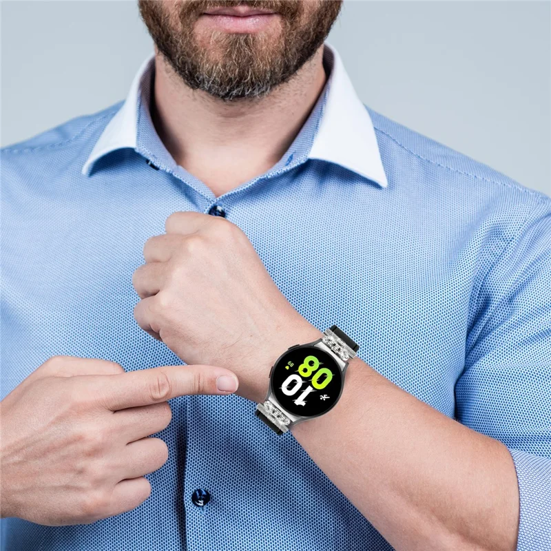 Para Samsung Galaxy Watch6 40mm / 44mm / Watch6 Classic 43mm / 47mm Watchband com Conector Prata Genuine Cow Leather Strap - Preto