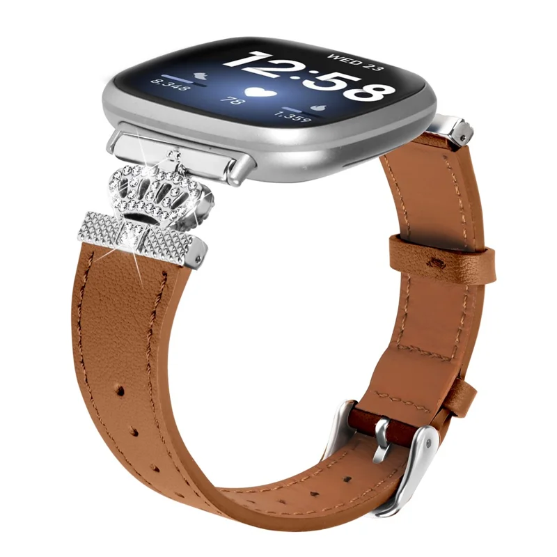 For Fitbit Versa 4 / Sense 2 Silver Buckle Genuine Cow Leather Crown Rhinestone  Watch Strap - Brown