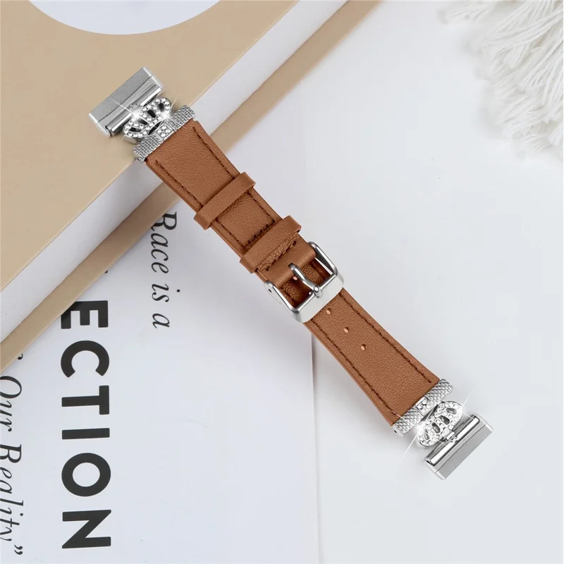 For Fitbit Versa 4 / Sense 2 Silver Buckle Genuine Cow Leather Crown Rhinestone  Watch Strap - Brown