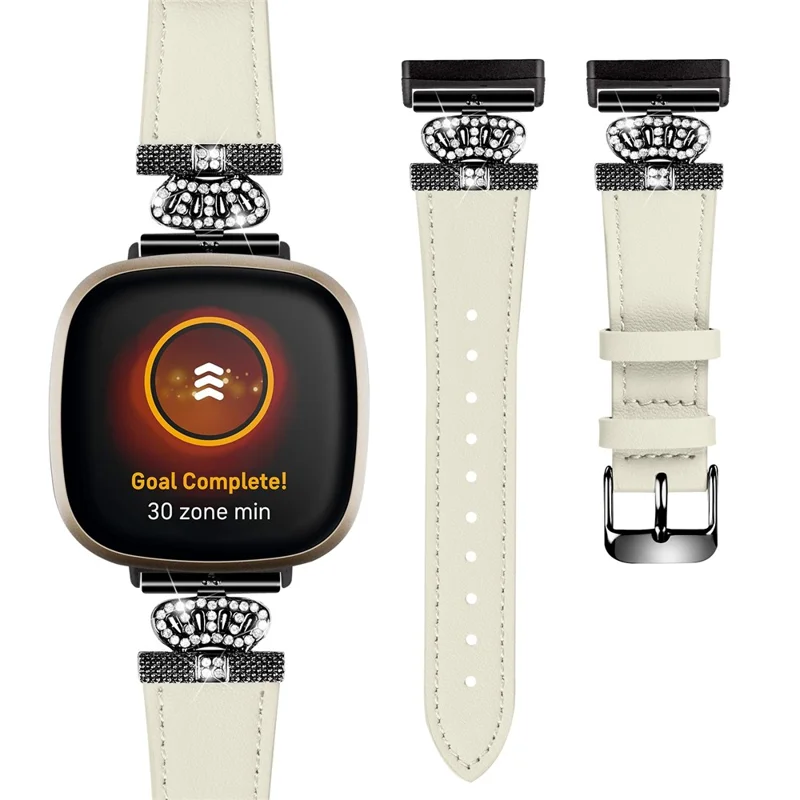 Для Fitbit Versa 4 / Sense 2 Genuine Cow Leather Crown Rhinestone Decor Watch Strap (Black Buckle) - Apricot